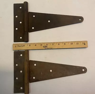 2 Vintage 12'' Farm Barn Door Gate Hand Forged Strap Hinges Great Patina Pair • $15