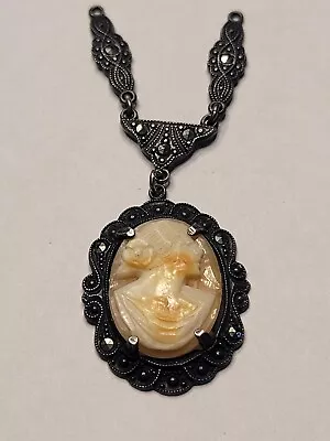 Vintage Sterling Silver Cameo Pendant Marcasite Beautiful Jewelry Piece  • $40