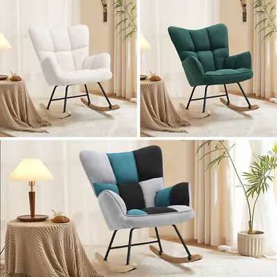 Upholstered Fabric Teddy Rocking Chair Armchair Lounge Swing Sofa Cube Wingback • £119.95