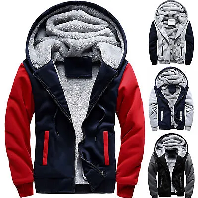 Mens Winter Hoodies Jacket Coat Fleece Lined Hooded Sweatshirt Faux Fur Outwear • £29.59