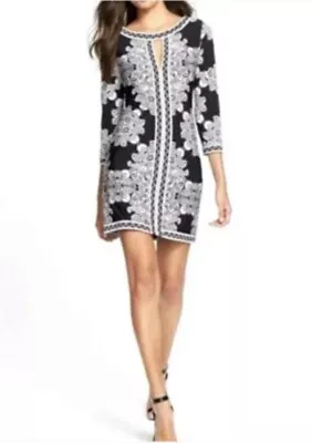 BCBG MaxAzria AVILA Size L Stretch Silky Knit Black White Above Knee Dress • $14.99