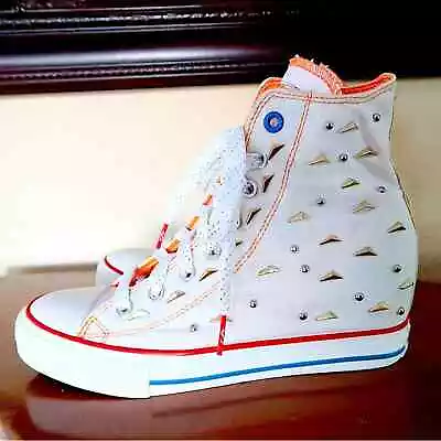 Early Y2K Sneakers Daddy’s Money High Top White Studded Blue Bottom Size 8 1/2 • $200