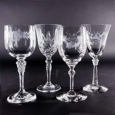 Assorted Water Wine Glasses Mismatched Vintage Stemware Etched Patterns Set Of 4 • $32.99