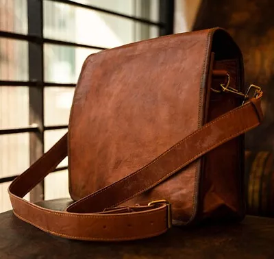 New Men's Real Brown Handmade Shoulder Genuine Vintage Goat Leather Bag • $71.25