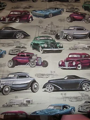 Vintage Hotrod Cars 100% Cotton Fabric 27 X 38 Inches Quilting Crafting • $10.30