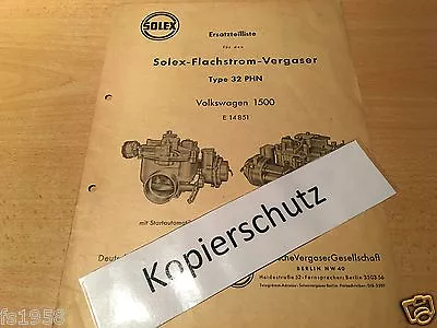 VW 1500 - Solex Flat Current Carburetor Type 32 PHN - Spare Parts List • $5.93