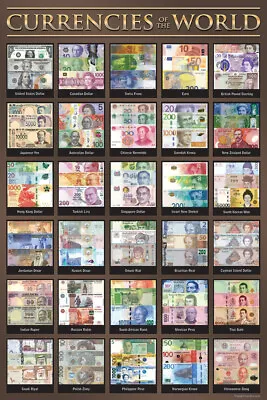 Currencies World Chart Dollars GBP EURO Yen Picture Money Classroom Poster 12x18 • $10.98