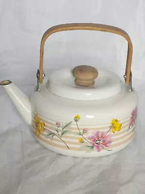 Vintage Early Springs Flower Tea Pot 1985  Coral  Wood Handle • £26.99