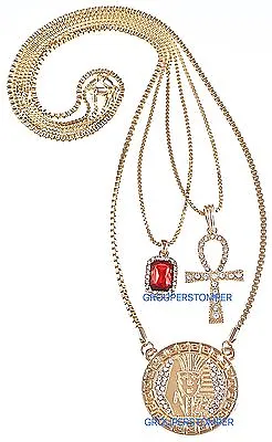 Pharaoh Three Necklaces With Red Stone And Ankh New Set On 24  & 30  Box Chains • $41.99
