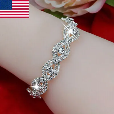 Women 925 Silver Crystal Rhinestone Infinity Bangle Bracelet Jewelry Gift US • $2.39
