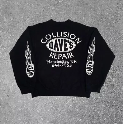 Vintage 90s Black Crewneck Sweatshirt Mens Small Cars Flames Mechanic Auto Repo • $16