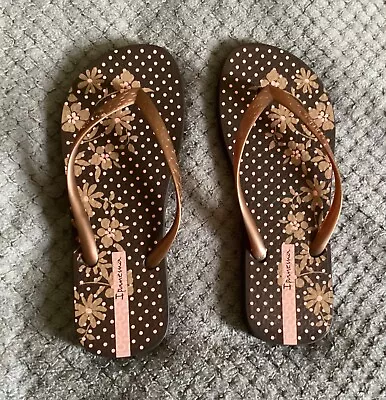 Ipanema Flip Flops - Brown Bronze With Pink Spots & Flowers Size 35/36 - BNWOT • £8.99