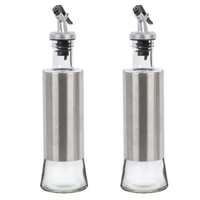 2x Silver Stainless Steel Olive Oil Bottle Cooking Vinegar Sauce Dispenser 300ml • £7.49