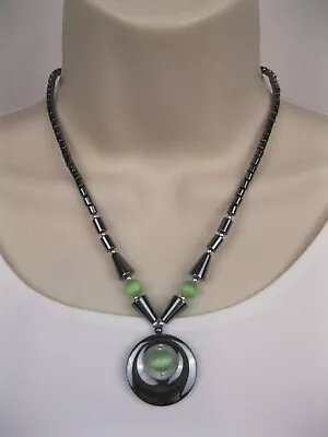 Green Cats Eye Cabochon And Magnetite Beaded Necklace 18  Long Statement Vintage • $24.98