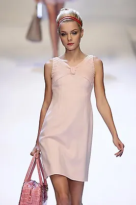 VALENTINO Vintage Pink Wool Pleated Bow Shift Dress 8 • $1299.99