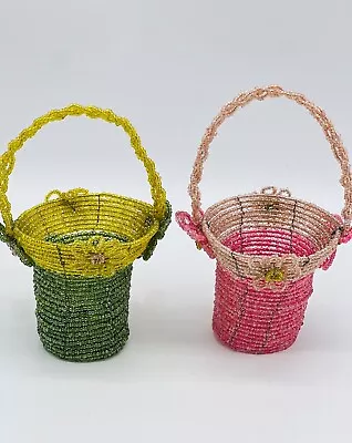 Lot Of 2 Vintage Iridescent Small Beaded Baskets Seed Bead Flowers Wire Frame • $24.95