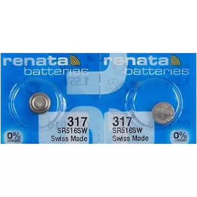 2 X Renata 317 1.55v Watch Cell Batteries SR516SW Mercury Free Silver Oxide • £3.39