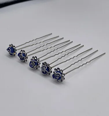 Vintage Set Of 5 Blue Rose Rhinestone Hair Pins Silver Tone • $7.50