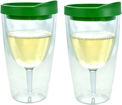 2 X 450ml Wine Glass Tumbler Acrylic Insulated Double Wall Green Picnic Outdoors • £10.99