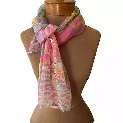 Vintage Chiffon Scarf Pastel Pink Blue Yellow Asian Print Rolled Edges 41 X 15 • $22