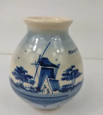 Vintage Delft Pottery Vase Maastricht Blue Holland Windmill 3.5  Tall Bud Small • $17.99