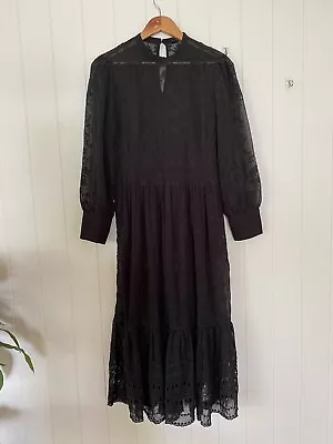J. Crew Black Midi Dress Sz 6 - 8 Tiered Embroidered Cutout Long Sleeve • $65