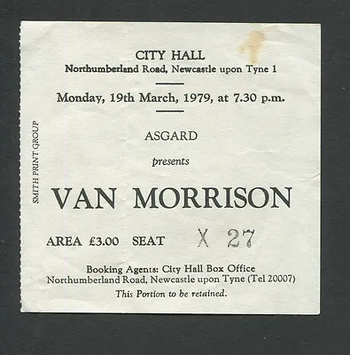 Original 1979 Van Morrison Concert Ticket Stub City Hall Newcastle Wavelength • $29.95