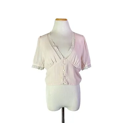 Cotton On Size L Pearly Pink Cropped Blouse Lace High Waist Edwardian • £15.61