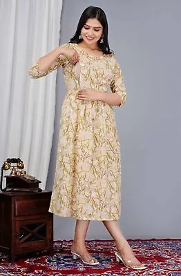 Indian Plus Size Maternity Kurtas Beige Floral Women Nursing Gown Boho Dual Zip • £38.52