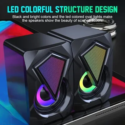 2x Super Bass Speakers Colorful LED Light 3.5mm Jack USB Sound Box For PC Laptop • £11.99