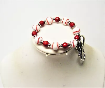 White/Red Baseball Acrylic W/Round Red Glass Bead Bracelet W/Silver Key Chain • $14.95