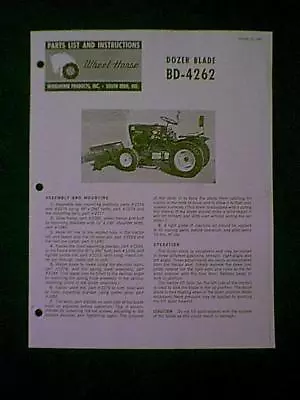 Wheel Horse Dozer Blade Bd 4262 Parts Manual • $3