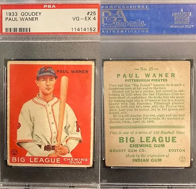 1933 Goudey #25 Paul Waner Pirates PSA 4 VG-EX “Big Poison” HOF Big League Gum • $1680