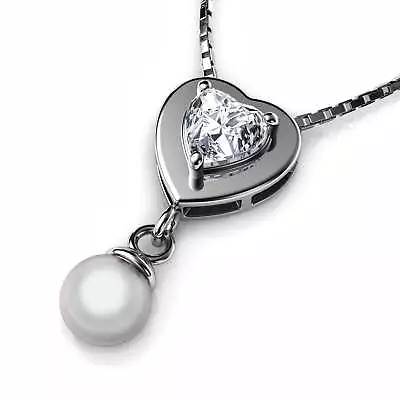 Small Heart Pearl Necklace - CZ 925 Sterling Silver Jewellery Dephini • £23