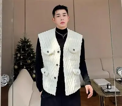 Men's Fashion Winter V Neck Loose Warm Faux Fur Sleeveless Jackets Vest Coats • $51.59