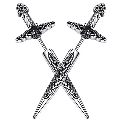 Men's Gothic Punk Sword Dagger Earrings Irish Celtic Knot Stainless Steel Studs • $14.99