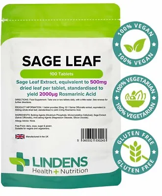 Sage Leaf 500mg 100 Tablets Hot Flushes Flashes & Sweats In Menopause  • £9.43