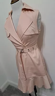 KAREN MILLEN - Blush Pink Stretch Cotton Military Inspired Belted Dress Size 10 • £29.99