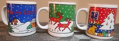 Set Of 3 Retro Illustrated Christmas Coffee Mugs With Multiple Christmas Scenes • $9.88