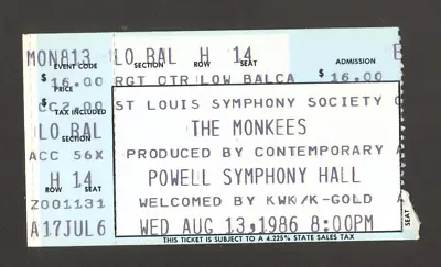 The Monkees Concert Ticket Stub Aug 13 1986 Powell Symphony Hall St. Louis Mo • $19.99