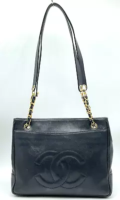 Authentic CHANEL Vintage Ladies Black Cocomark Caviar Skin Chain Totebag SKS0888 • $491