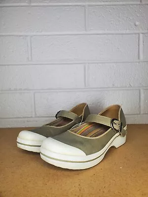 Dansko Shoes Womens Size 6.5 EU Size 37 Beige Green Vegan Mary Jane Canvas Clogs • $22.99