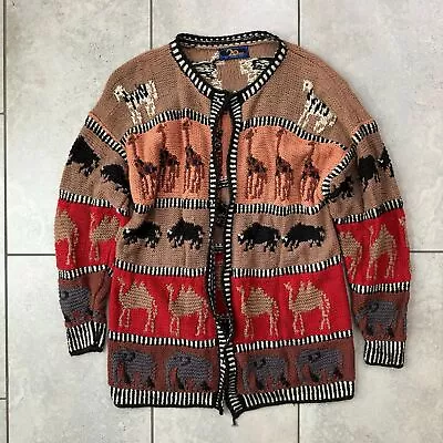 Vintage Cardigan Handknit Sweater Wmn Size L Animal Giraffe Camel Elephant Bull • $28