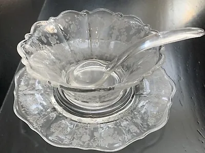 CAMBRIDGE Glass Rose Point Bowl & Underplate Mayonnaise SetScallopSpoonEtched • $22.99