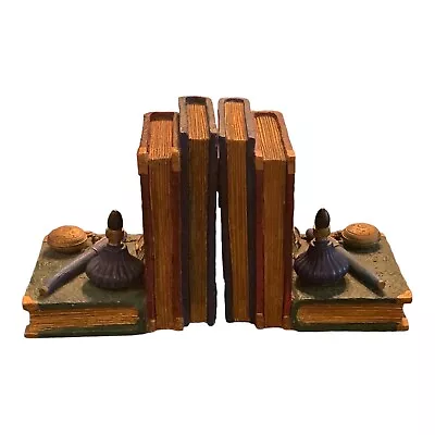 Russ Berrie Atlas Bookends Books W/Stopwatch Pen Ink Well Eyeglasses Handpainted • £33.24