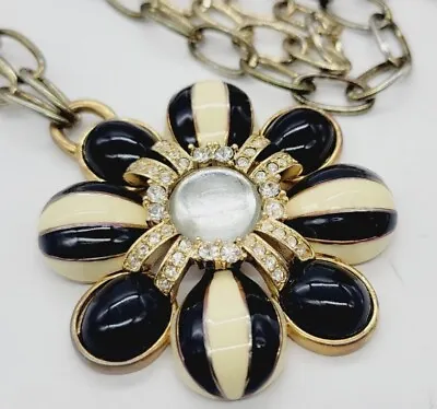 J CREW Necklace Large Flower Pendant Black & White Enamel Crystal Accent 31 In • $35.10