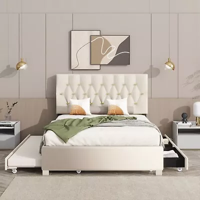 Queen Velvet Bed Frame With 2 Storage Drawers And Twin TrundleWhite • $259.96