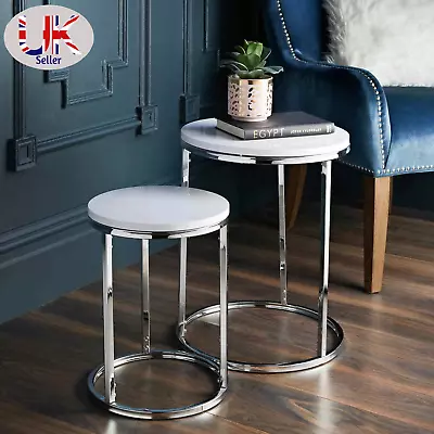 Nest Of Tables High Gloss Set Of 2 Coffee Side End Table White With Chrome Legs  • £37.80