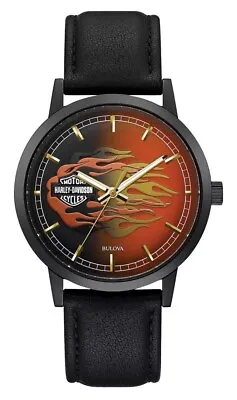 Harley-Davidson Men's Flames Embody B&S Stainless Steel Case Leather Strap Watch • $225
