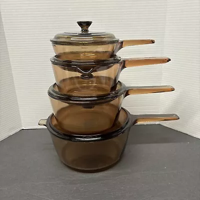 Vision WARE Corning PYREX Amber GLASS Cookware 8 Pc Set Pots Skillet Lids • $159.99